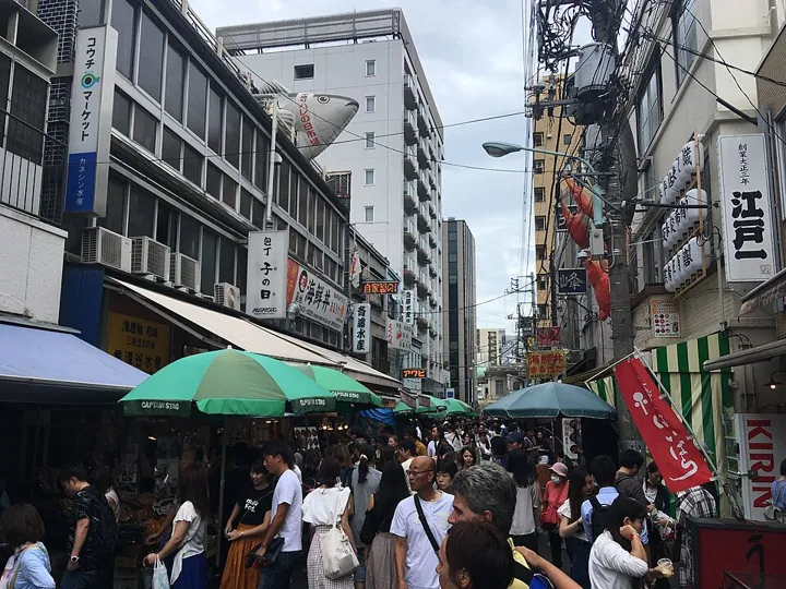 Busy pedestrian shopping street at Tsukiji Outer Market in Tokyo